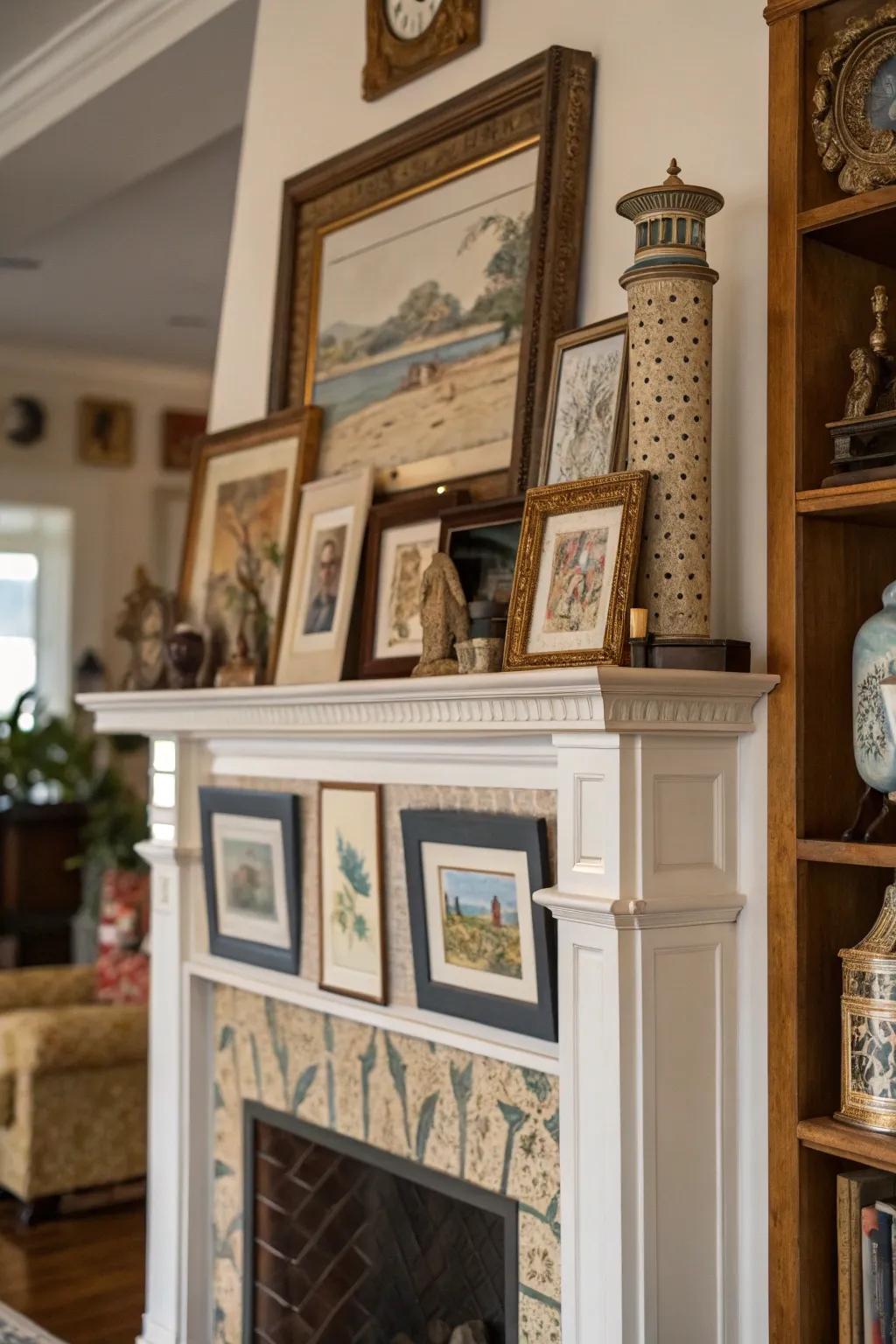 A high mantel showcasing layered works of art, leading to an intriguing visual presentation.