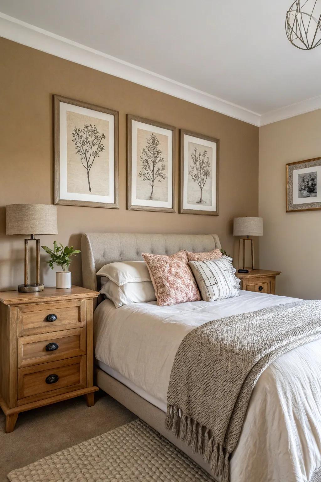 The bedroom is enhanced with elegance and character because of the tan accent wall.