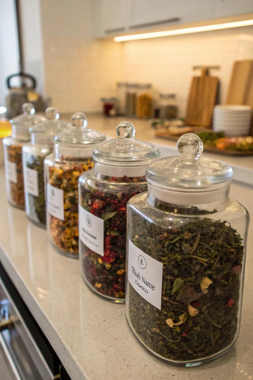 Glass containers showcasing an array of vibrant loose-leaf teas.