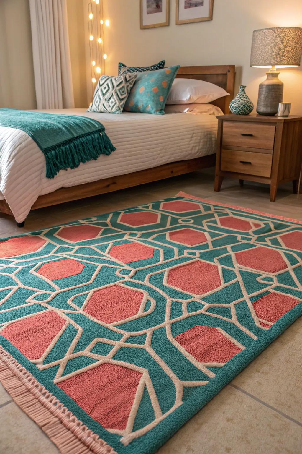 Geometric patterns in aqua and peach adding a modern flair.