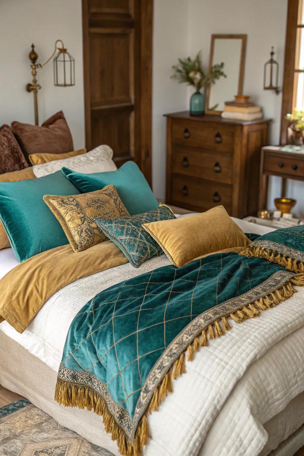 Sumptuous textiles in horizon and gilded shades contribute coziness and texture to this sleeping quarters.