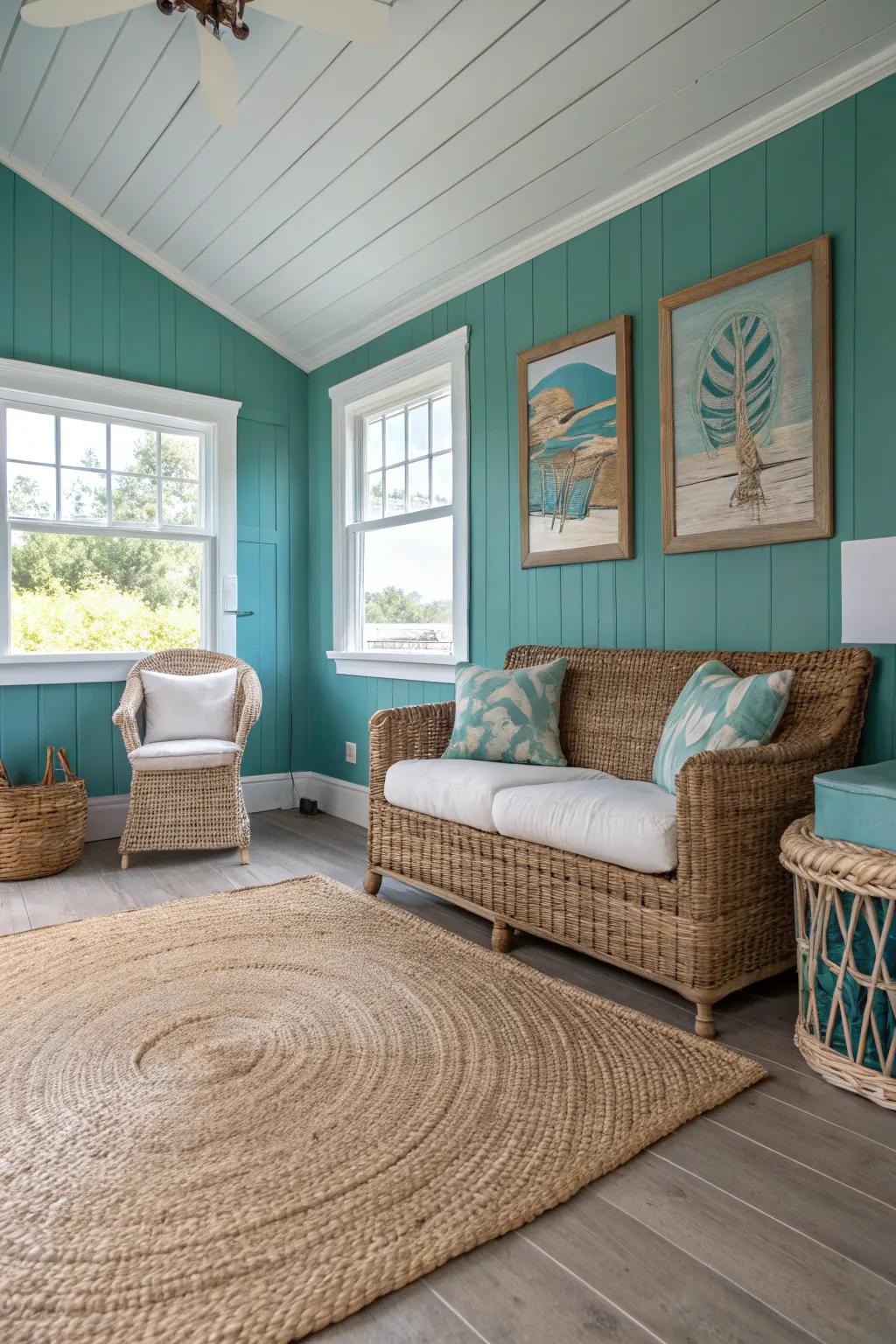 Coastal decorating theme featuring teal walls and accents from nature.
