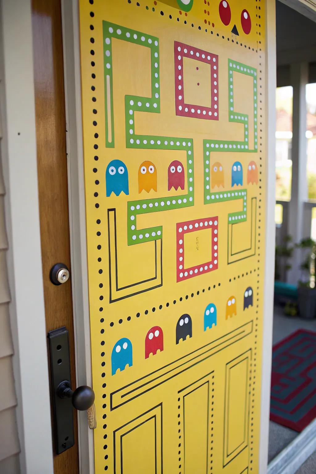 A door showcasing a delightful and interactive Dot-Eater maze design.