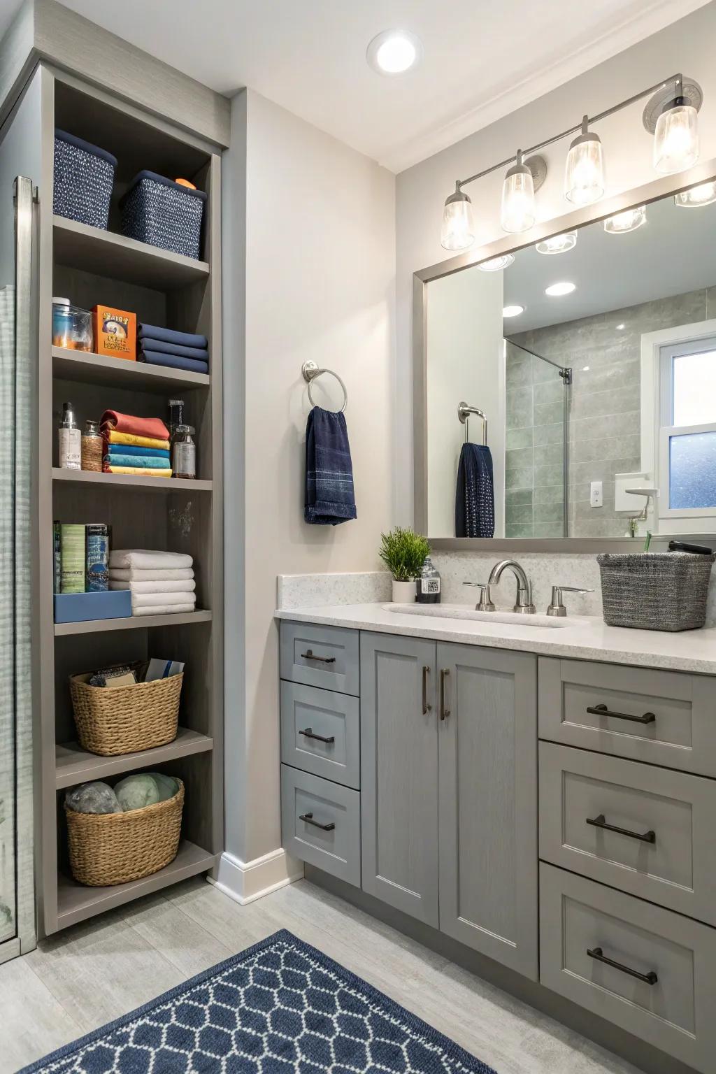 Useful storage keeps a bathroom neat and organized.