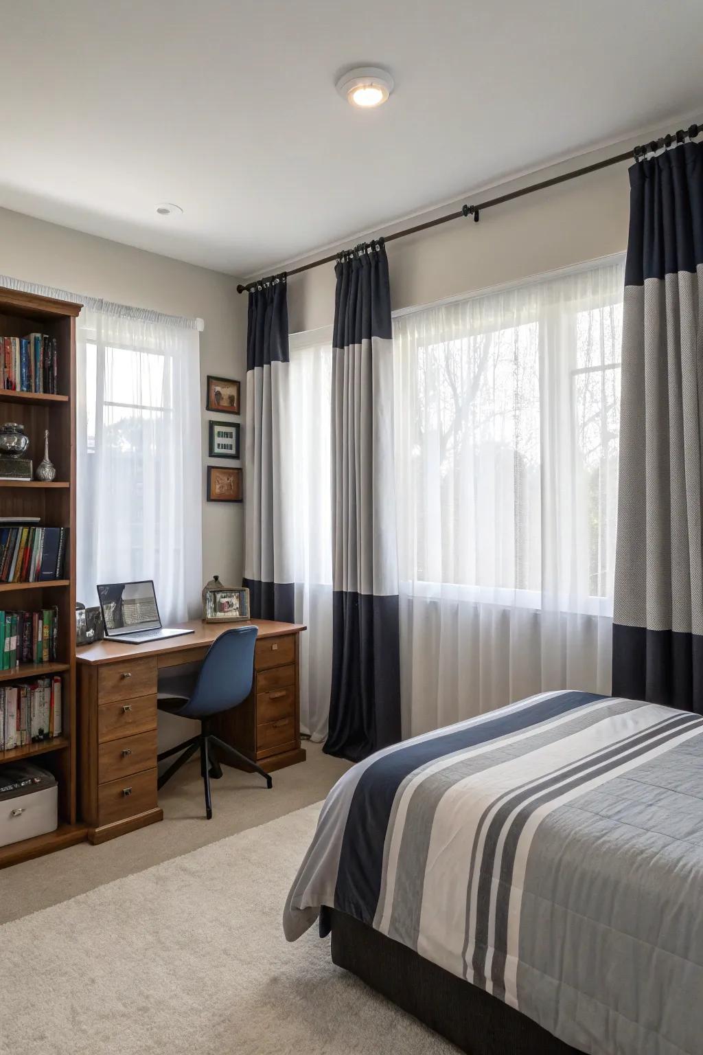 Layered drapes deliver adjustable light and privacy features.