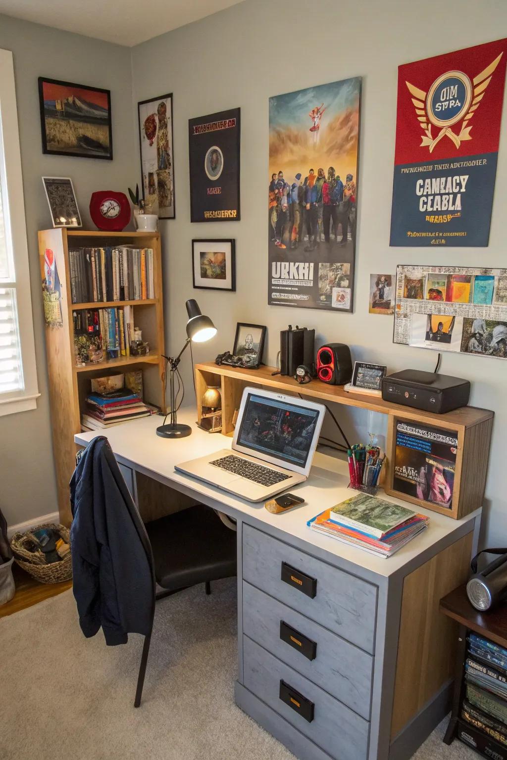 A teen boy's room featuring a tech-friendly desk with integrated charging solutions.