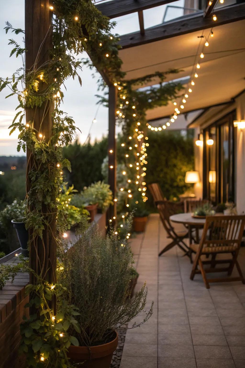 Fairy lights contribute a playful touch to your terrace.