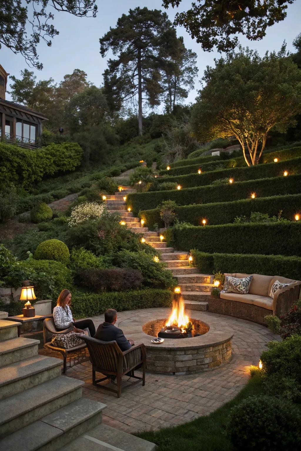 A core bonfire spot in a terraced garden, crafting a warm and welcoming vibe.