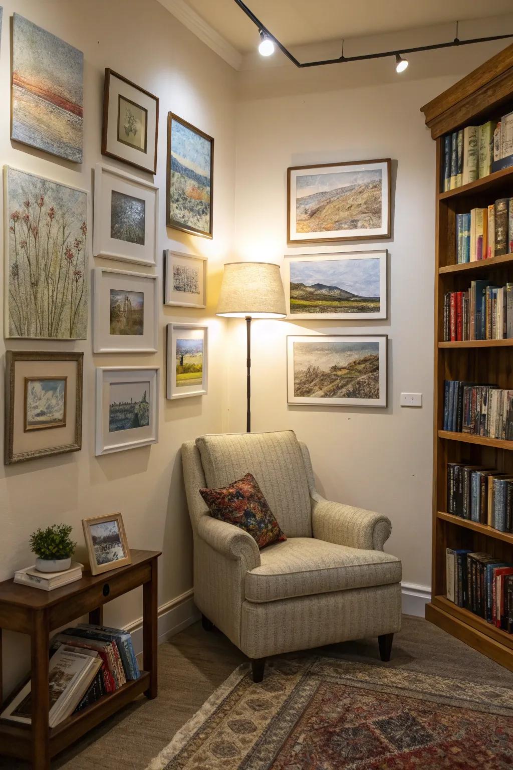Small paintings that have texture add charm and character to this welcome reading spot.