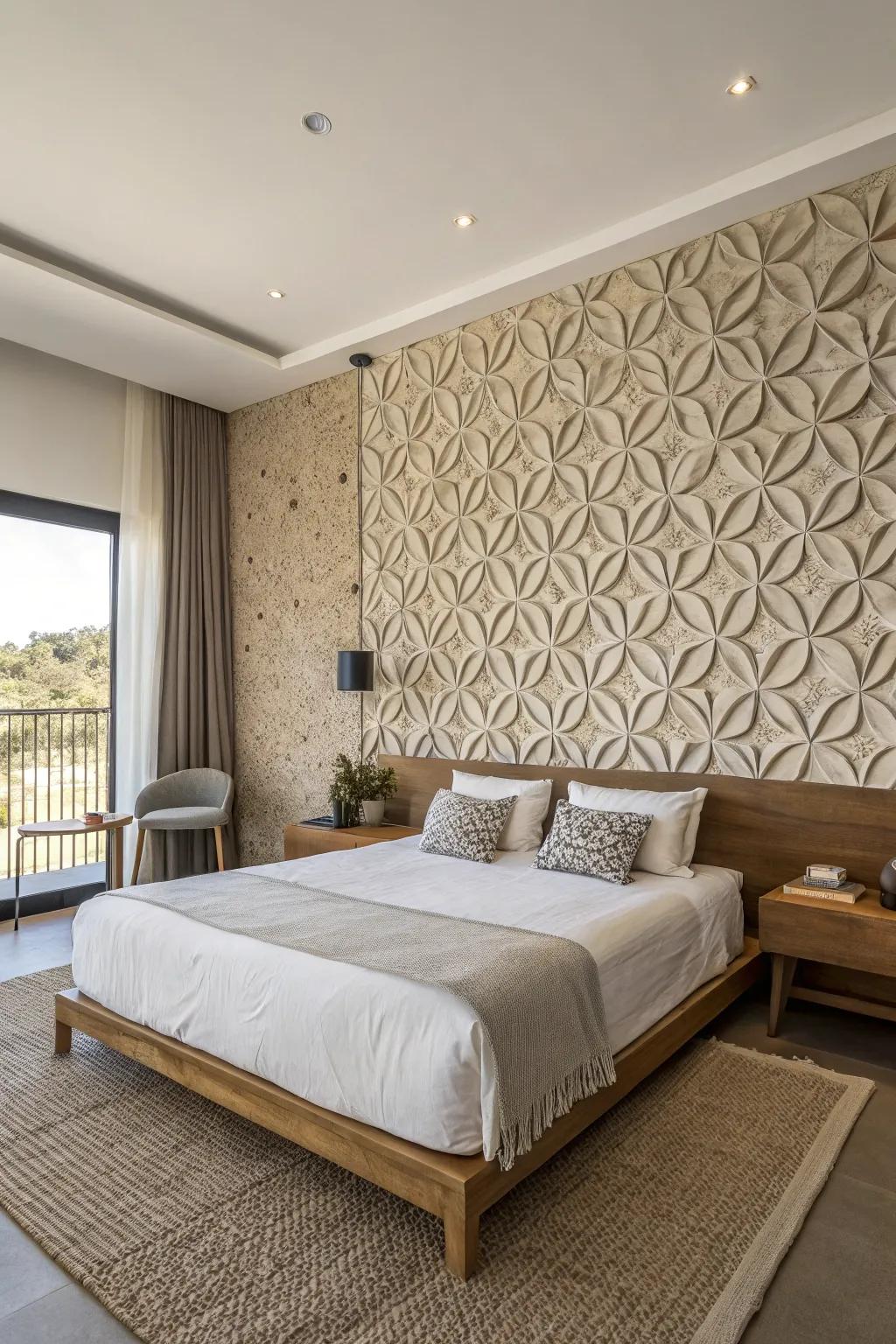 A bedroom showcasing a standout textured accent wall.