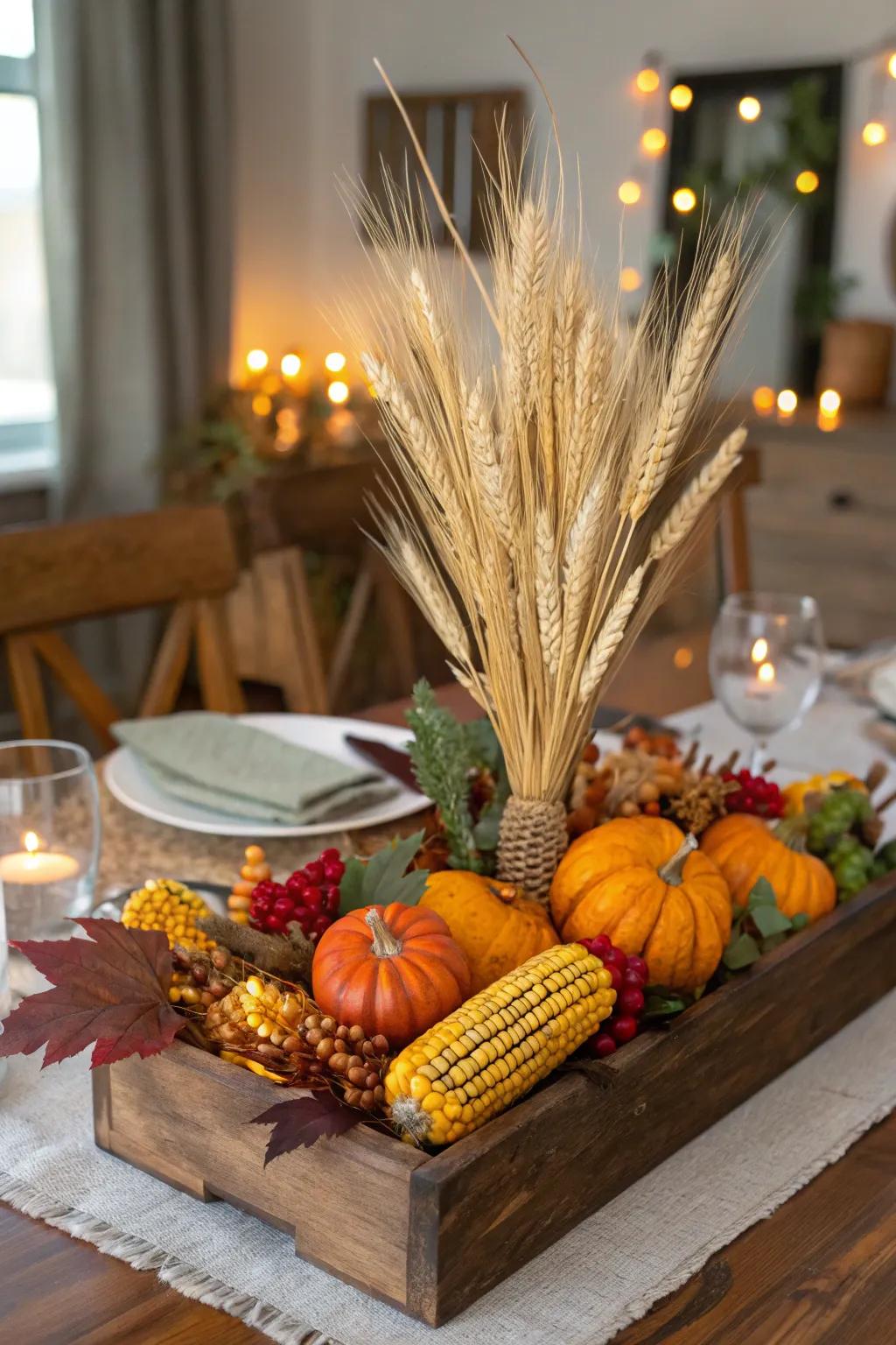 A classic harvest theme featuring wheat, corn, and gourds.