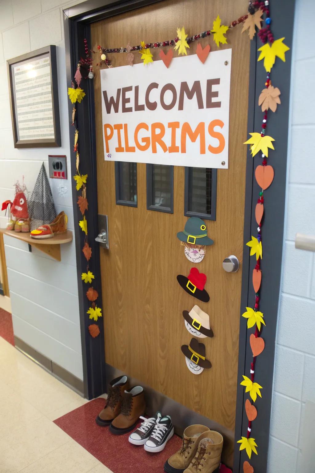 A Pilgrim-themed door that warmly greets students to a historical Thanksgiving.