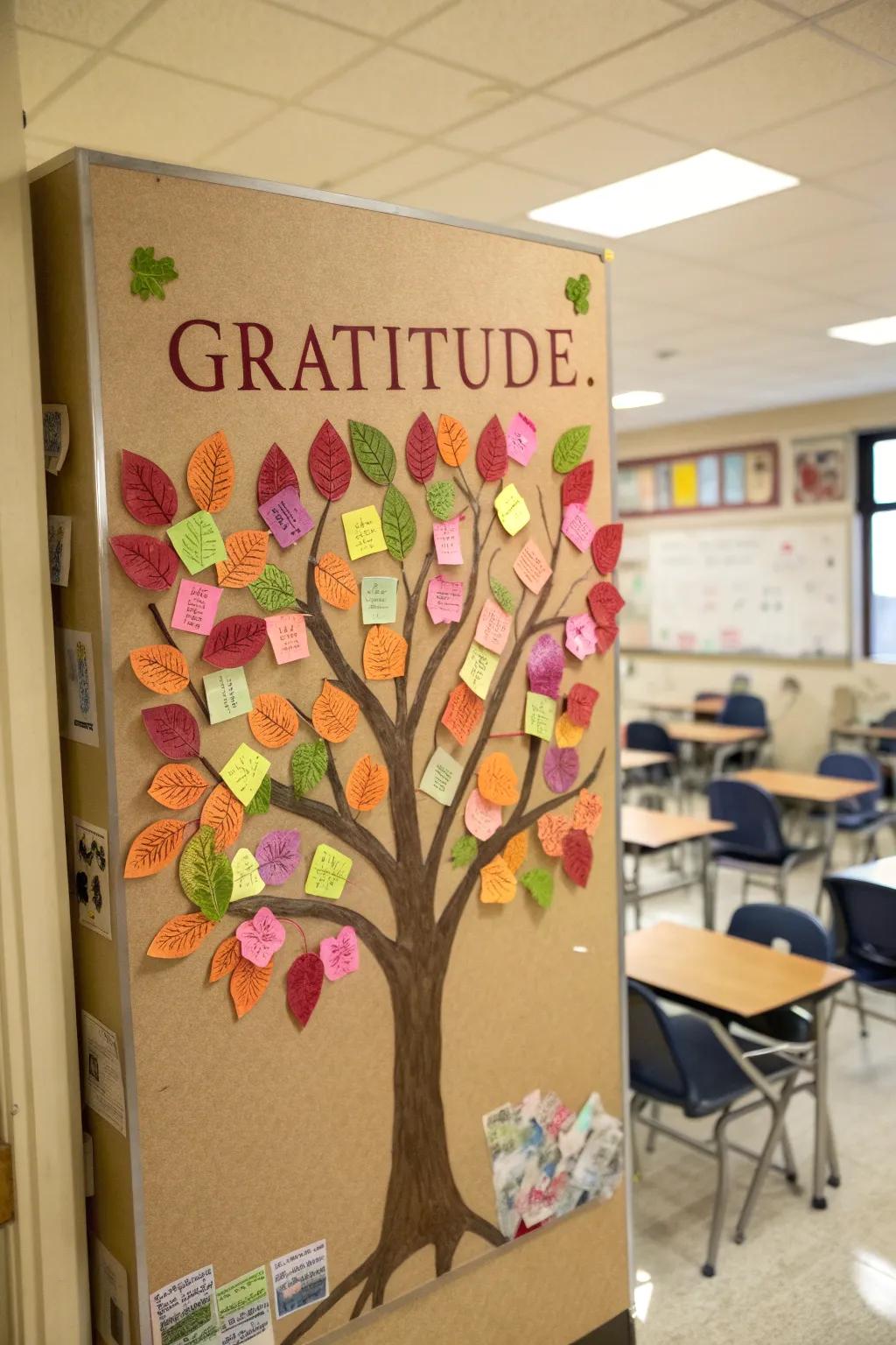 A gratitude tree decorated with messages from students.