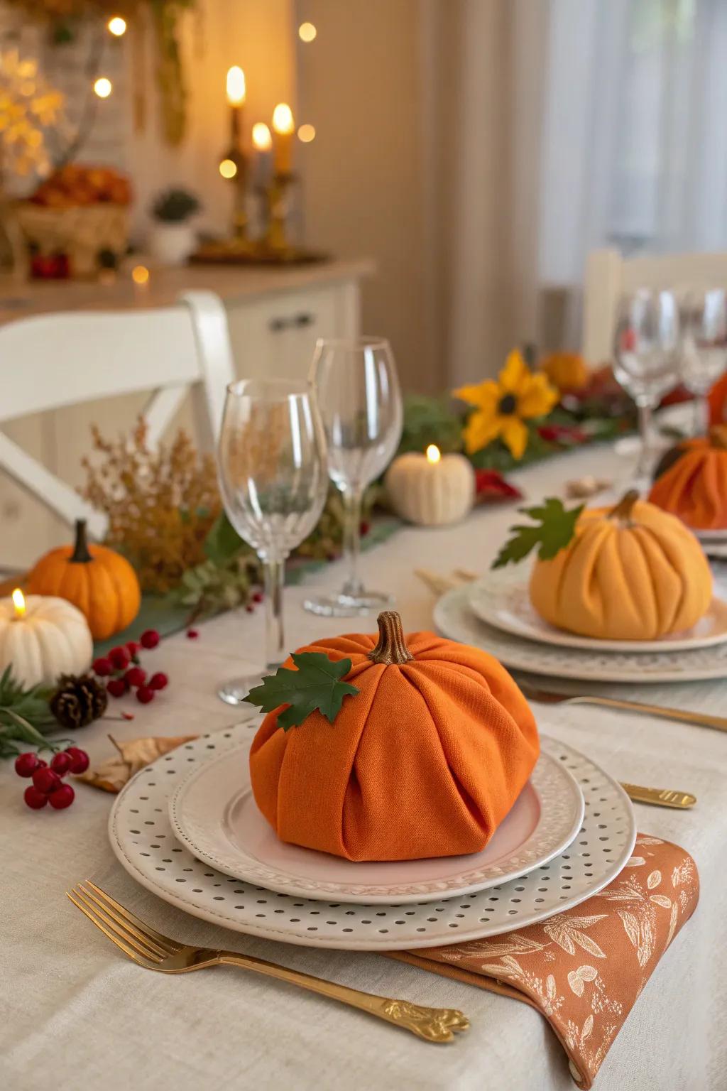 Pumpkin-shaped napkins give a whimsical touch to your holiday table.