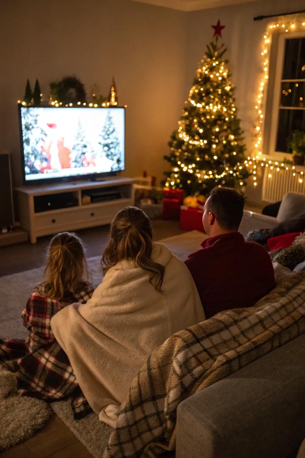 Cherished moments are spent enjoying a traditional Christmas movie.