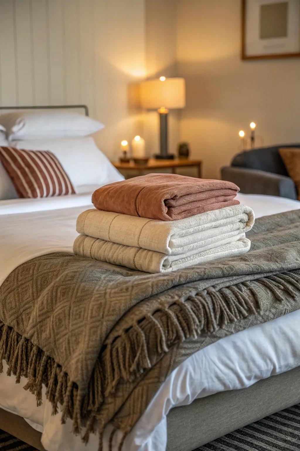 Layering throws results in an opulent and inviting bed area.