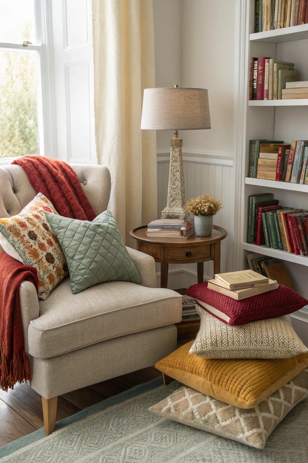 A layered collection of accent pillows making a warm and welcoming reading nook.