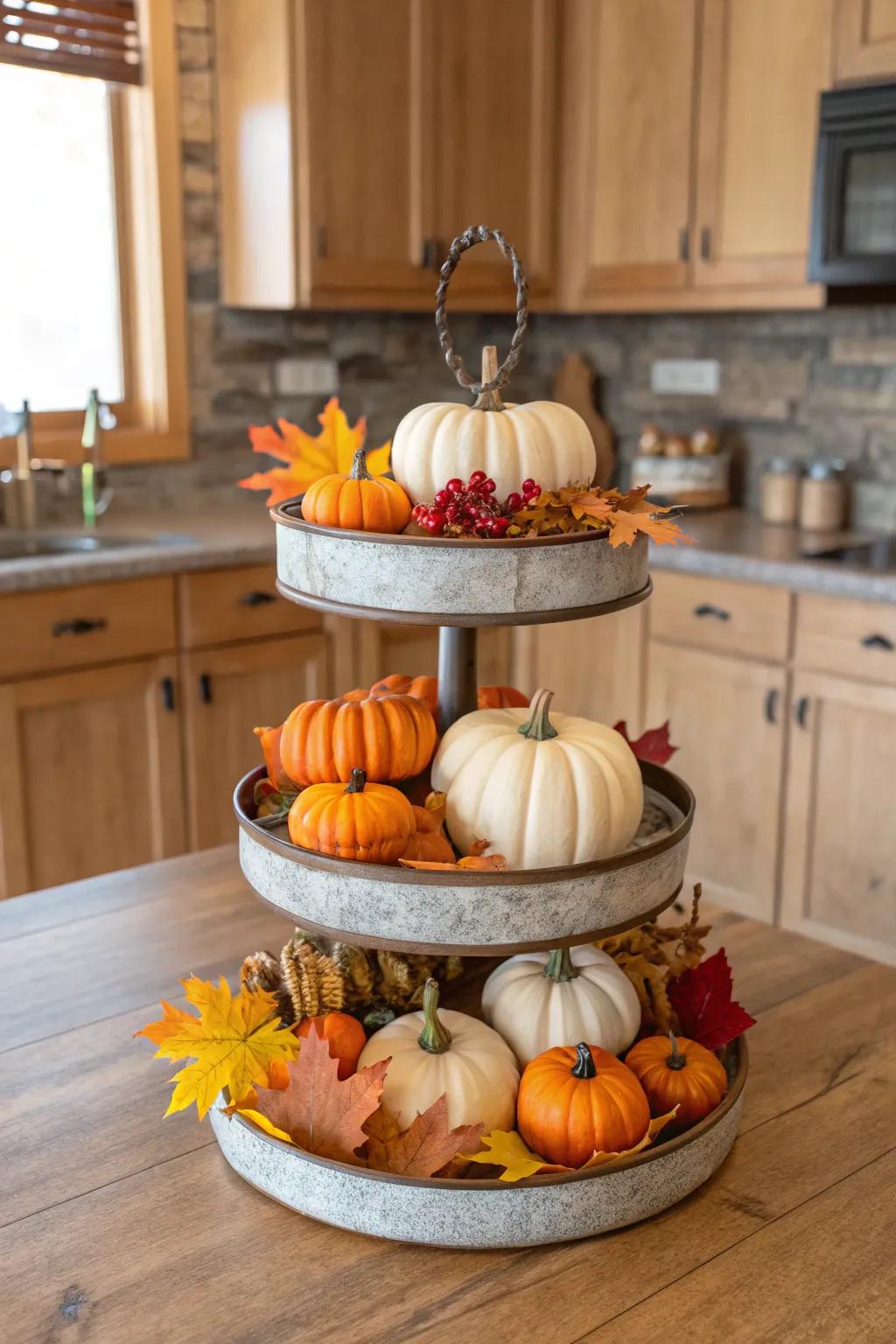 An autumn-themed tiered tray that carries the harvest to your home.