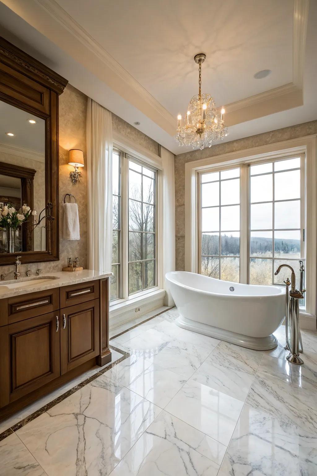 Marble flooring transforms a bathroom into an elegant spa-like retreat.