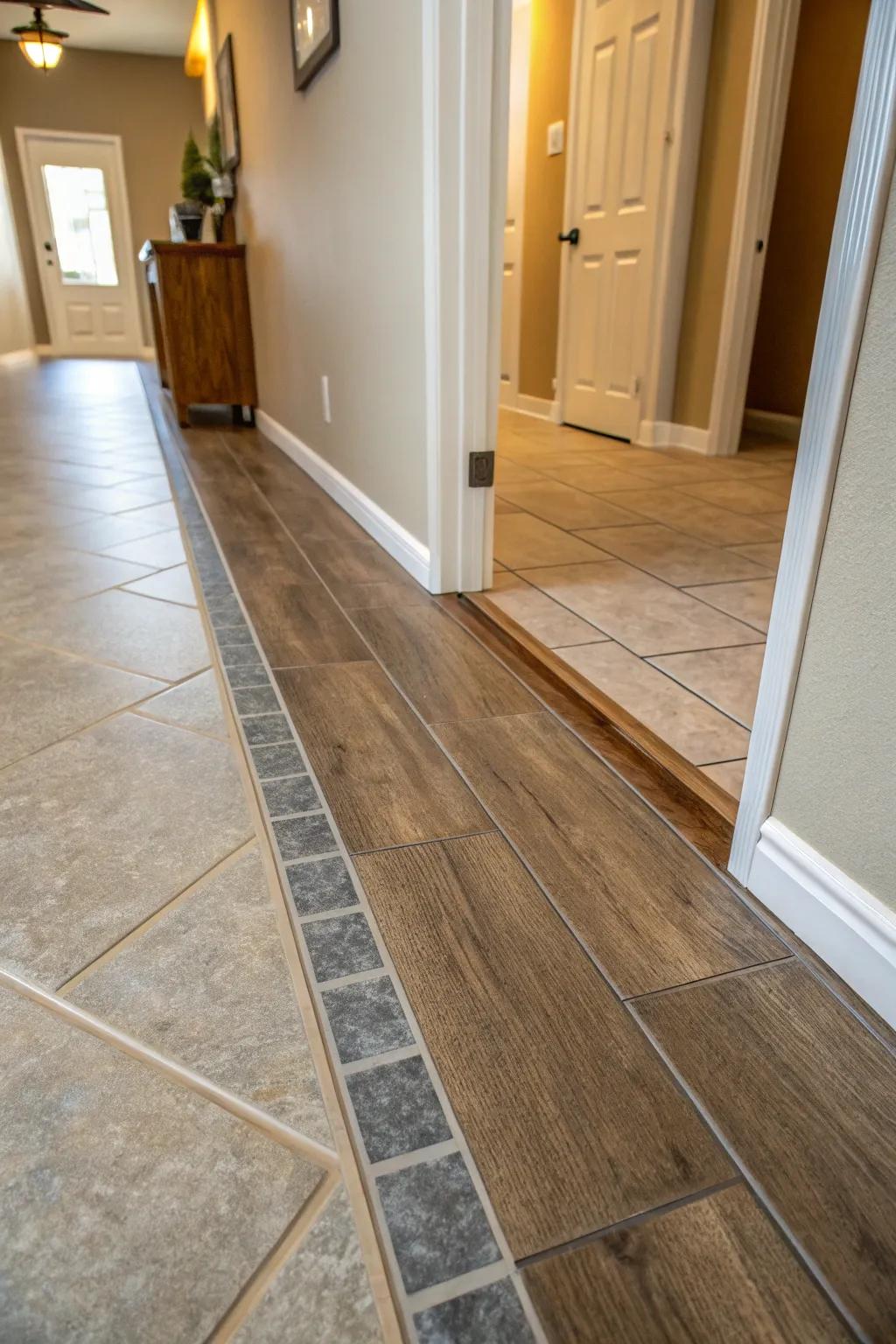 An incline smoothly joins ceramic to an elevated laminate surface.