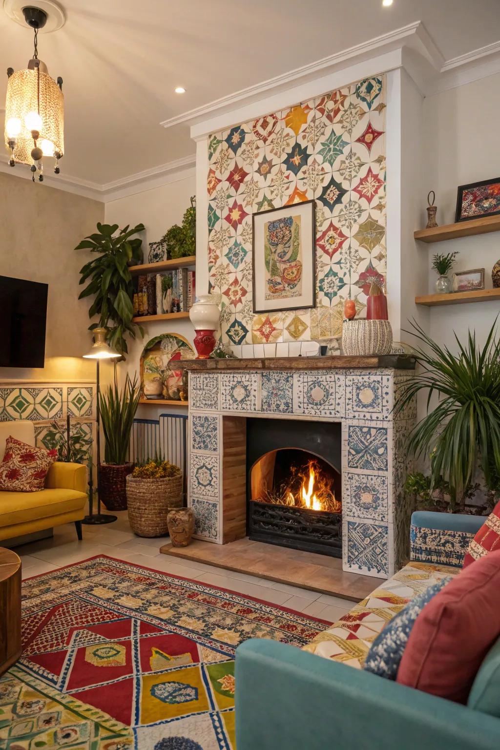 Striking patterns add life and individuality to this varied fireplace.