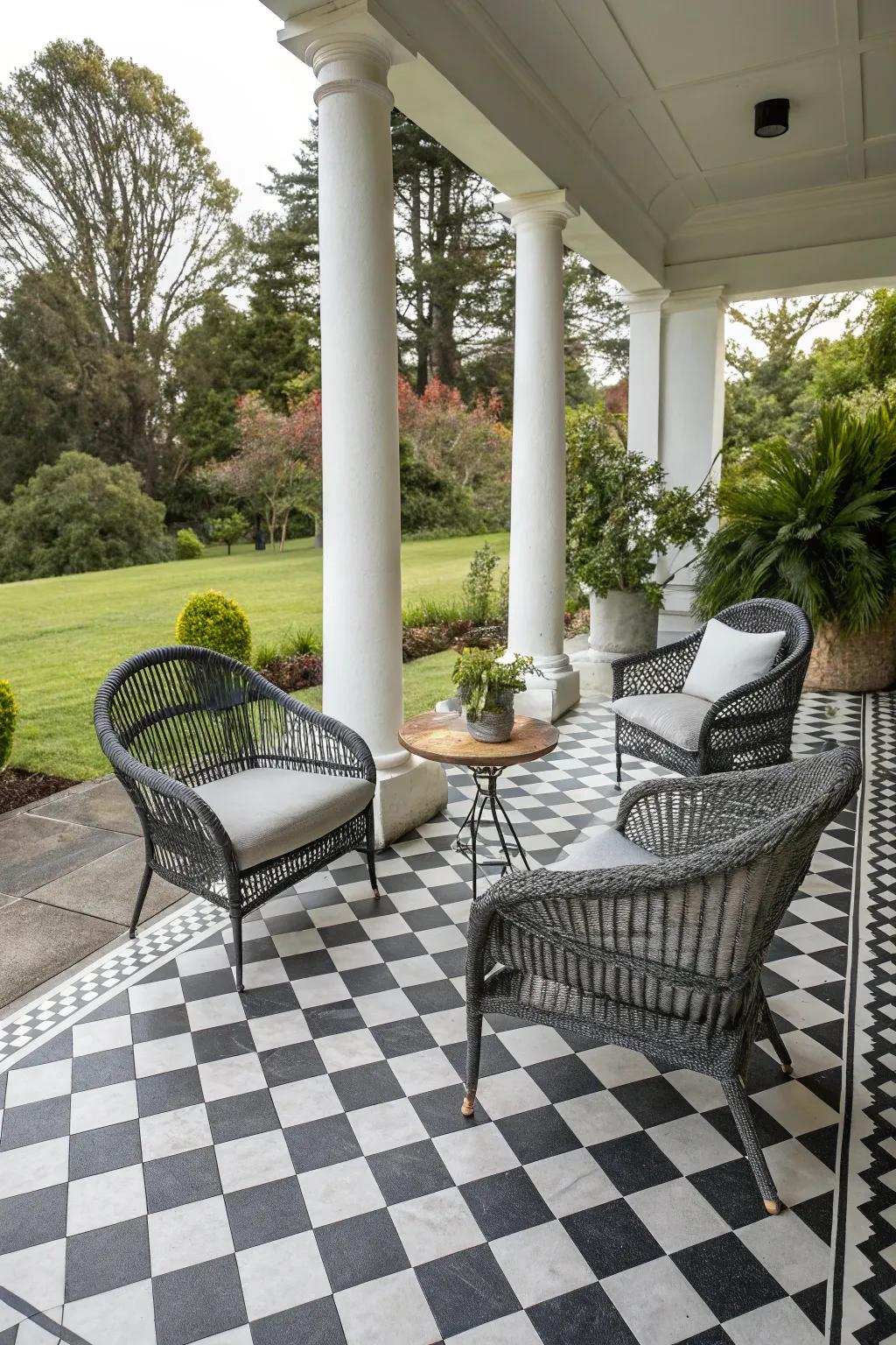 The striking squares layout creates an eye-catching contrast on this porch.