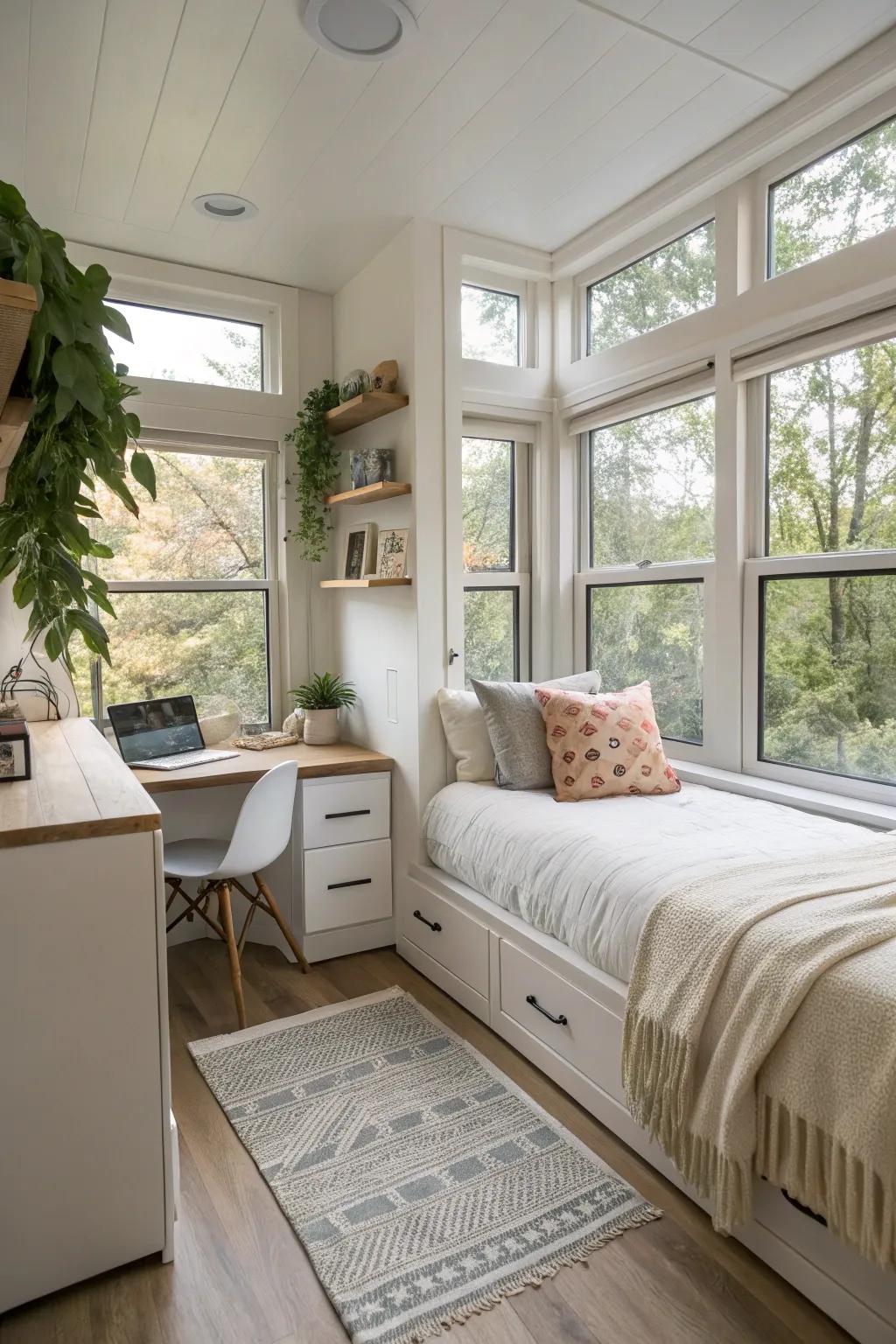 Big windows brighten the small bedroom with sunlight.