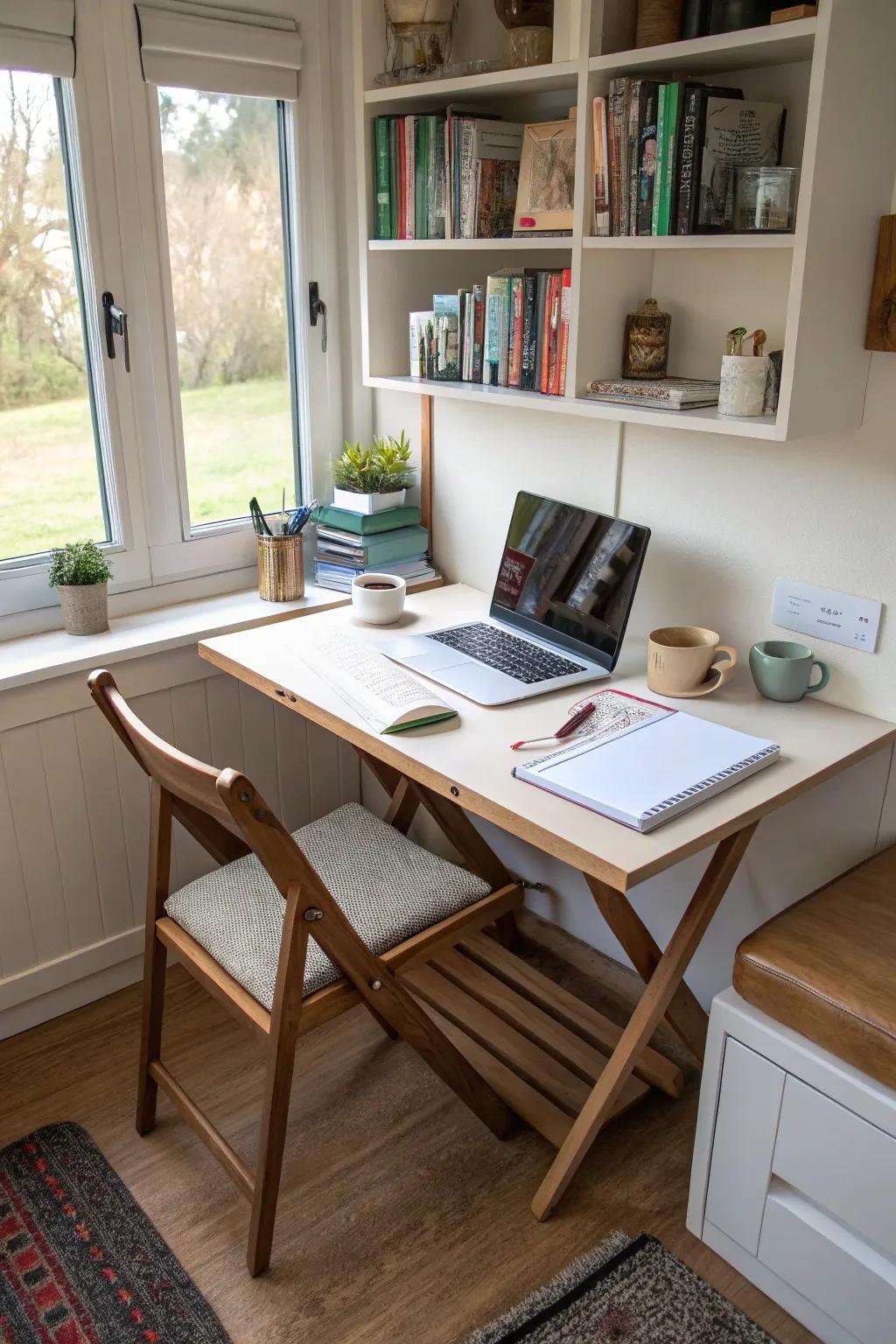 A folding desk makes small spaces more flexible.