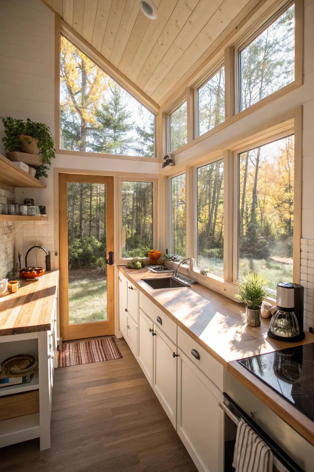 Natural illumination transforms a small kitchen into a welcoming retreat.