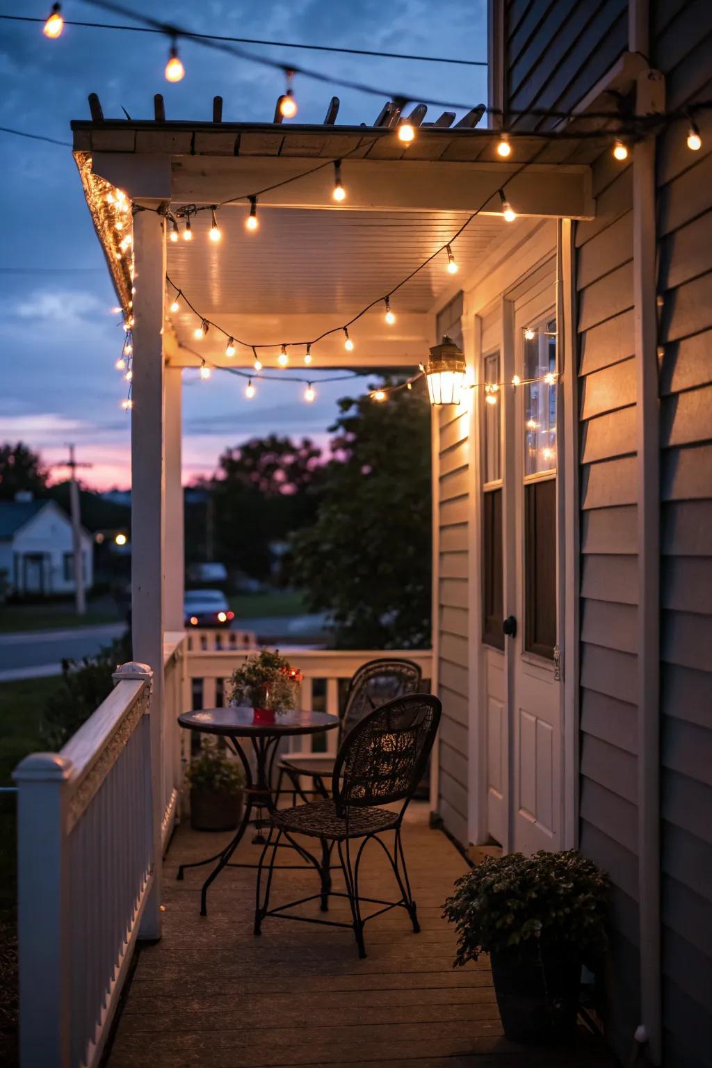 The enchantment of delicate lights illuminating a tiny porch.