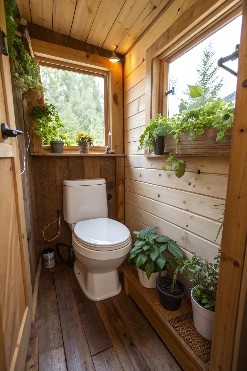 An eco-friendly composting toilet in a nature-themed small bathroom.