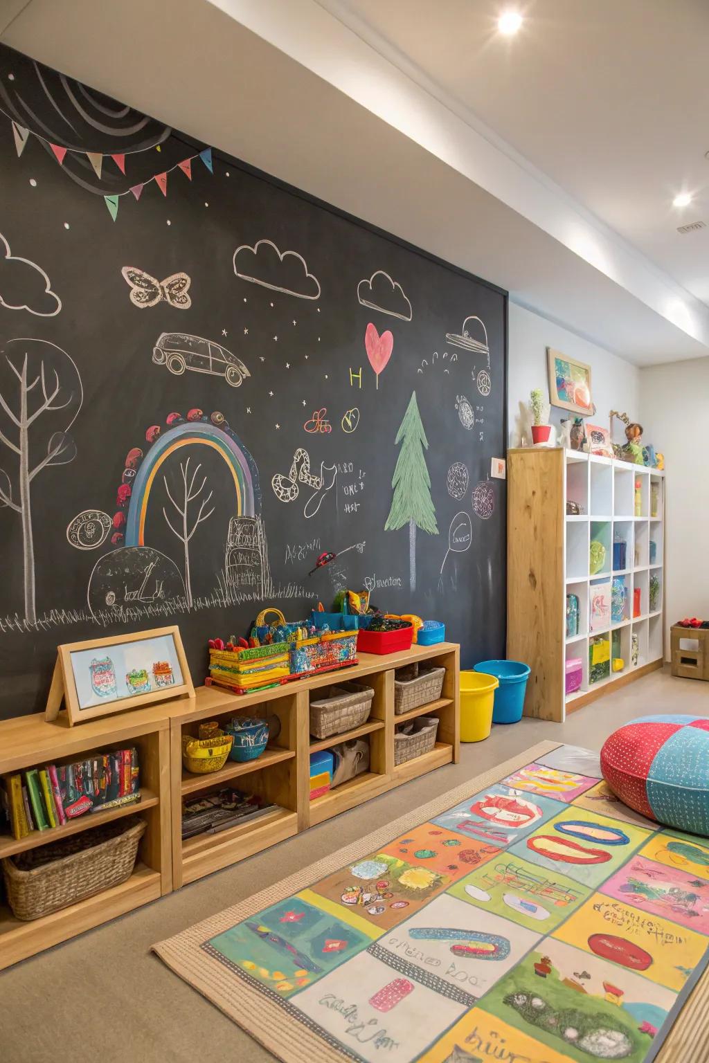 A chalkboard wall sparks ingenuity and artistic articulation.