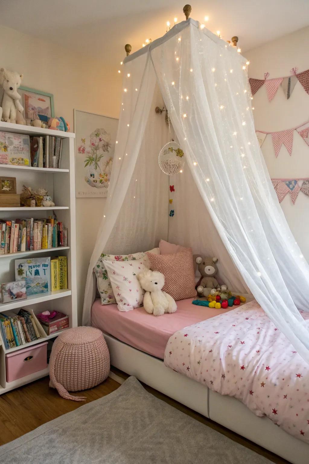 A dreamy bed crown hanging over the bed makes for a magical and cozy nook.