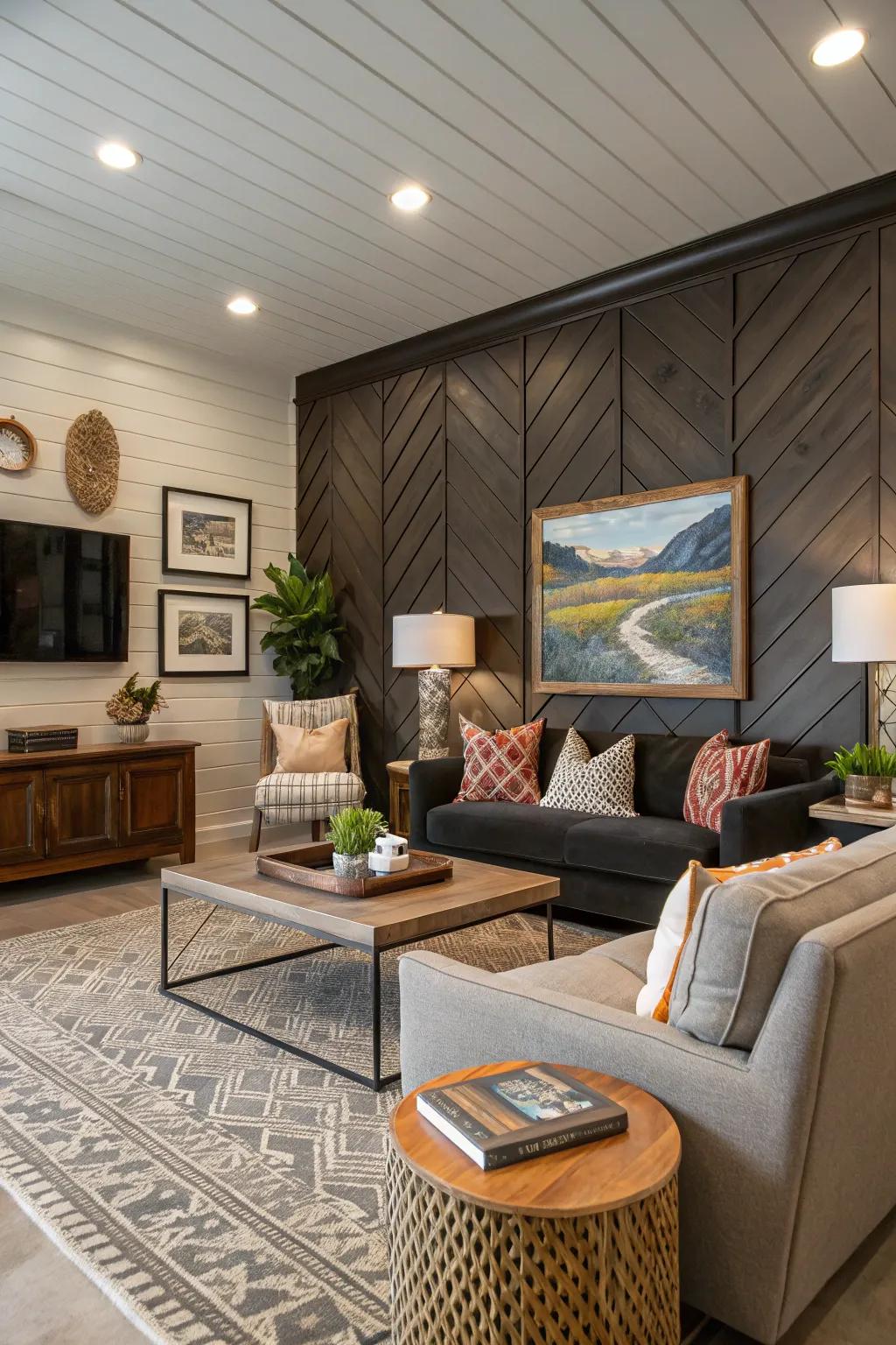 A striking feature wall crafted with shiplap panels that brings a sense of sophistication to the living room.