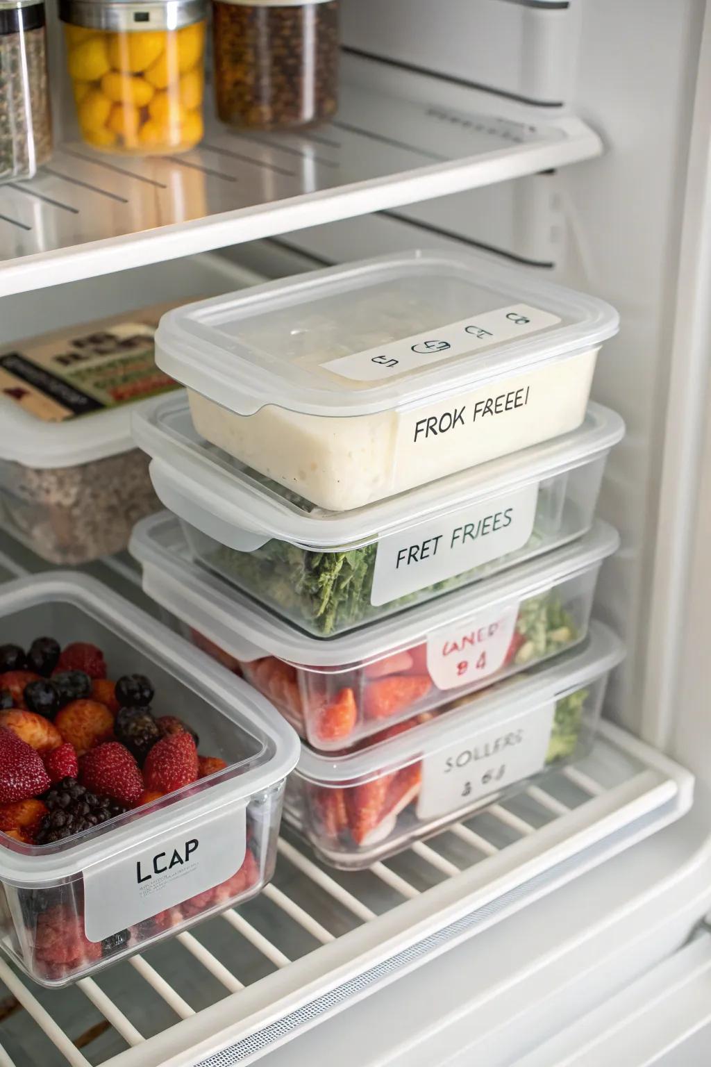 Labeled containers in a top freezer, each displaying neatly sorted items for simple identification.
