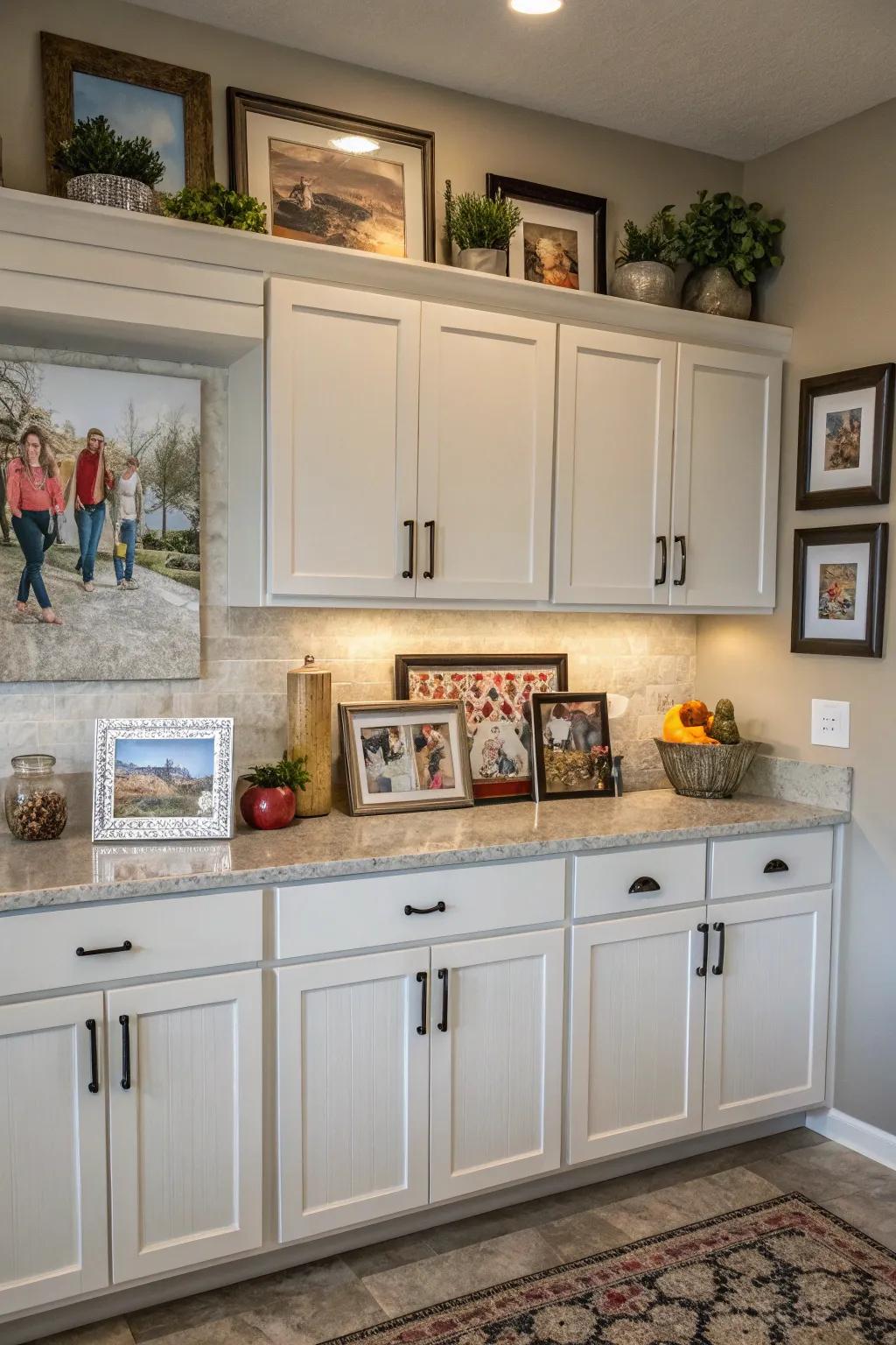 Imbue a personal touch through art pieces and photos gracing the space above your cabinets.