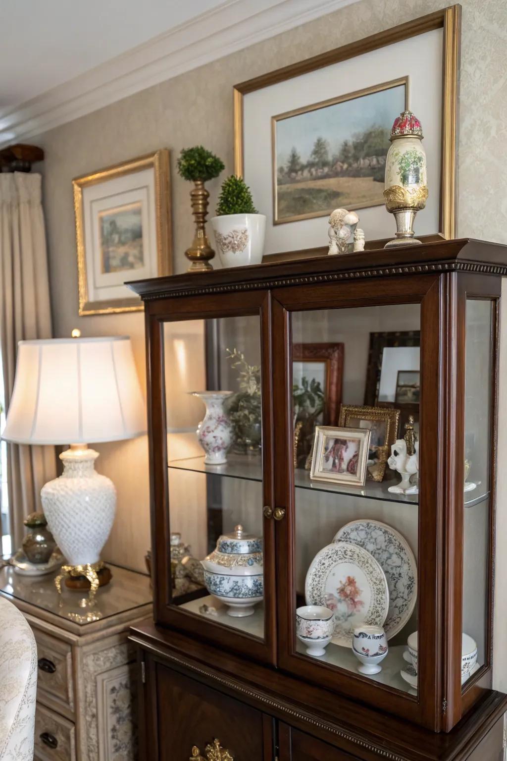 Artistic pieces lend personality and individuality to the cabinet's surface.
