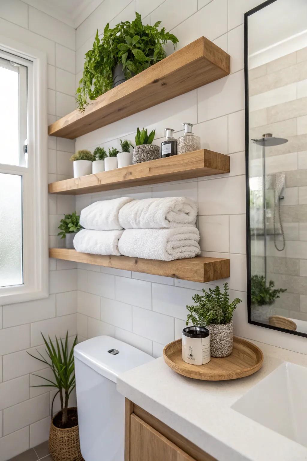 Floating ledges provide a simple and stylish towel storing pick.