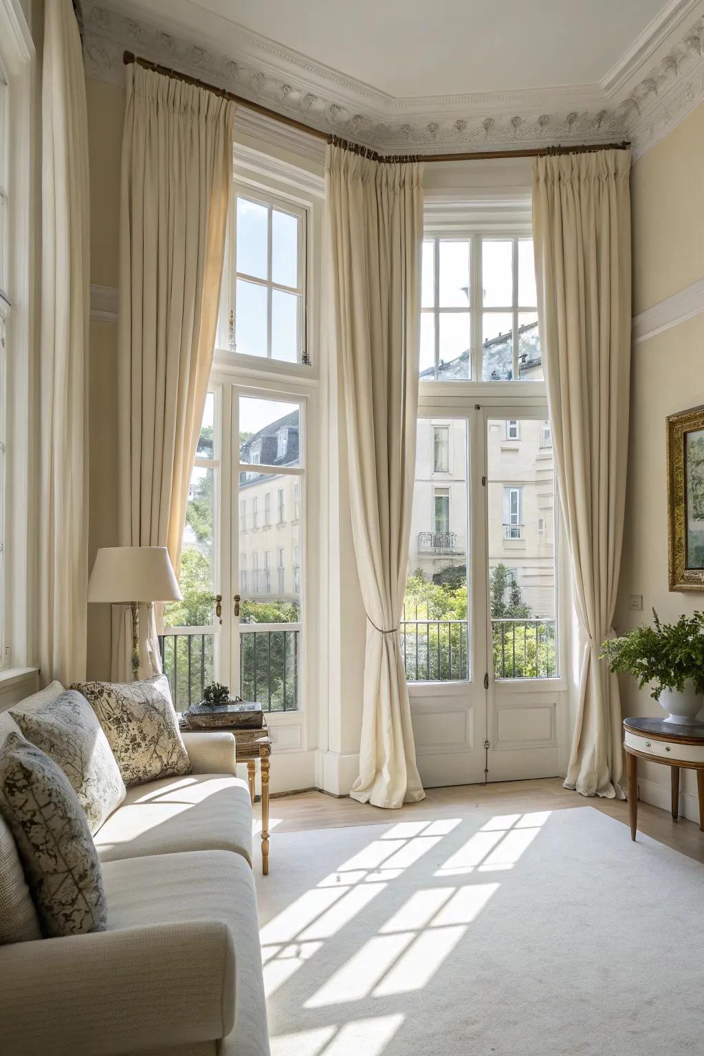 Bright room showcasing large windows and airy drapes