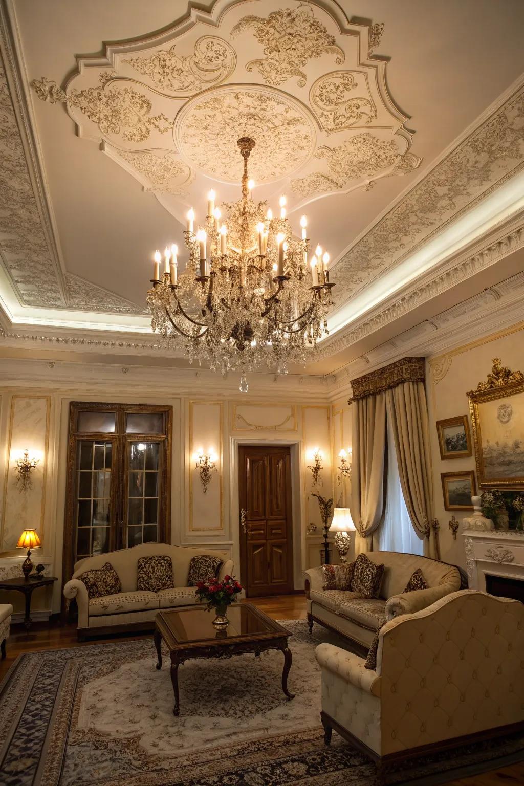 Elaborate accents like chandeliers impart uniqueness to a classic living room.
