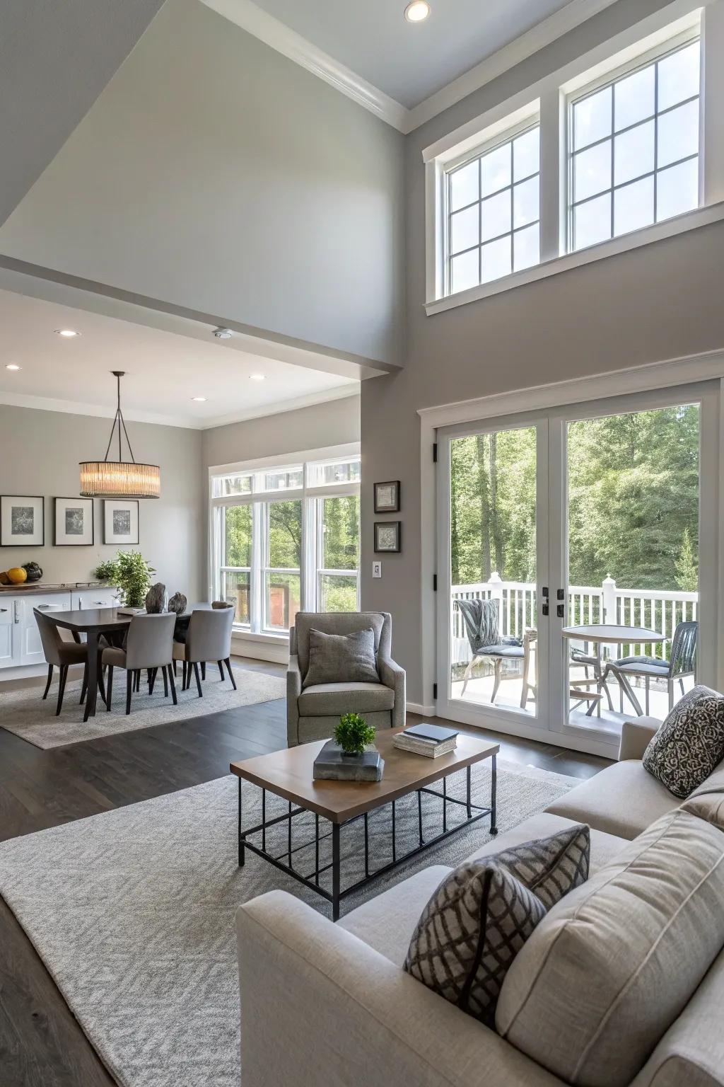 Neutral silver walls establish a seamless transition between different areas.
