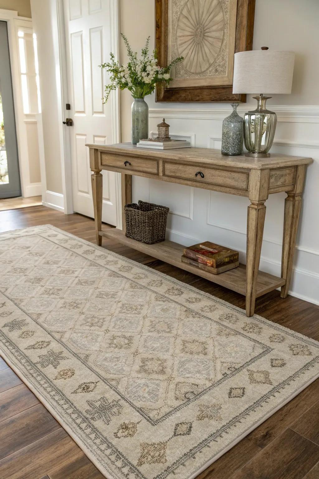 A thoughtfully selected rug can anchor your entryway, offering an inviting welcome.
