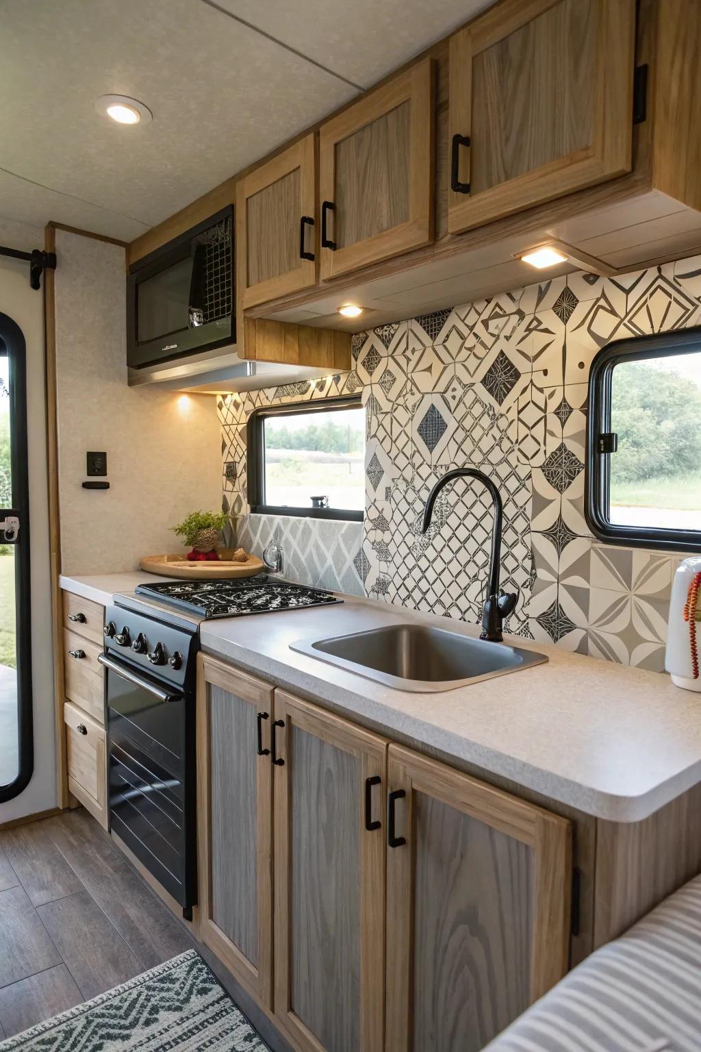 Patterned designs bring a modern and artistic touch to your RV kitchen.