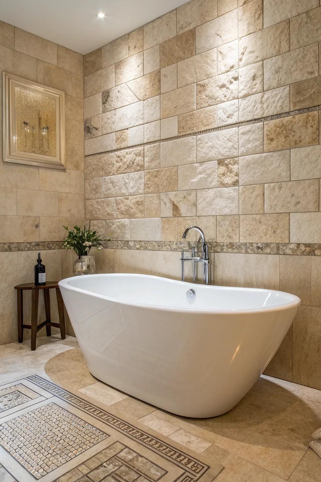 A stand-alone tub elegantly positioned against a backdrop of travertine tiles.