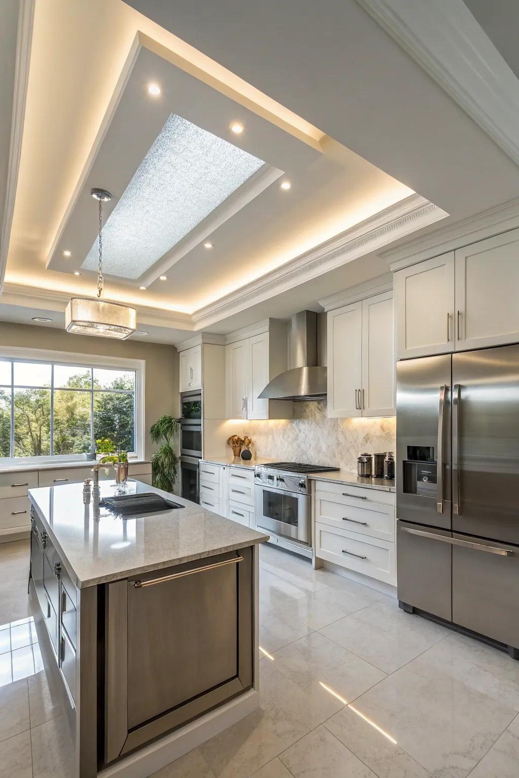 A modern kitchen enhanced by a fashionable tray ceiling.