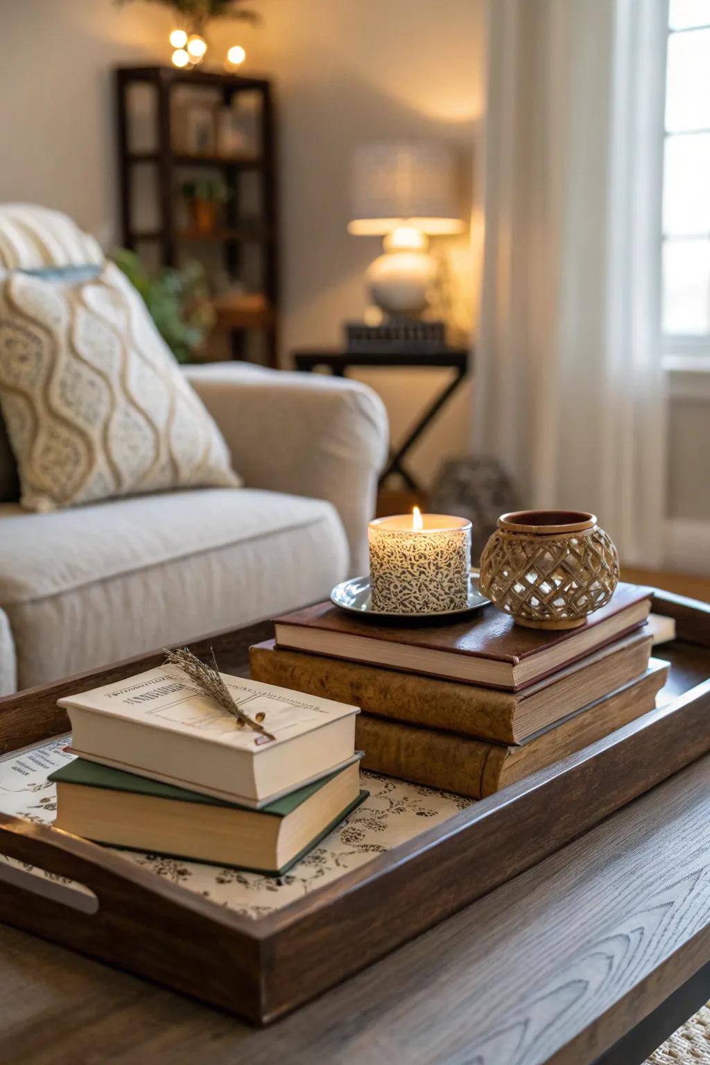 Books added to a tray can bring character and depth to your living room.