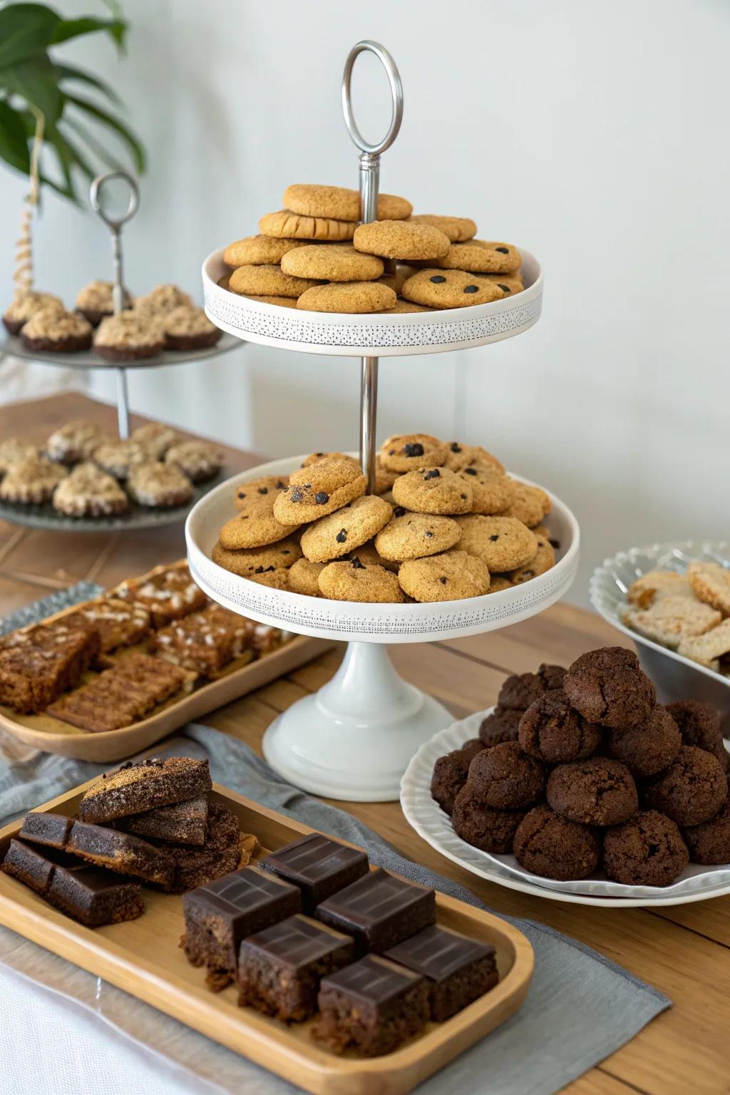 Stratified snack arrangement showcasing biscuits and fudge pieces.