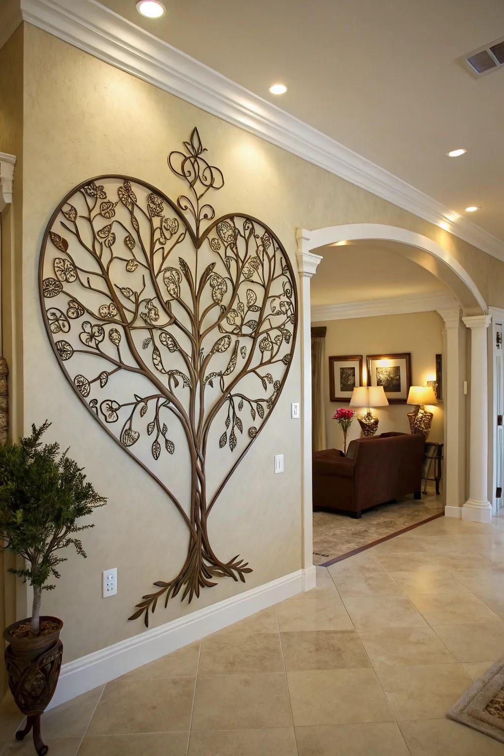 Heart-shaped Arbor Vitae metal art enriches the wall of a foyer.