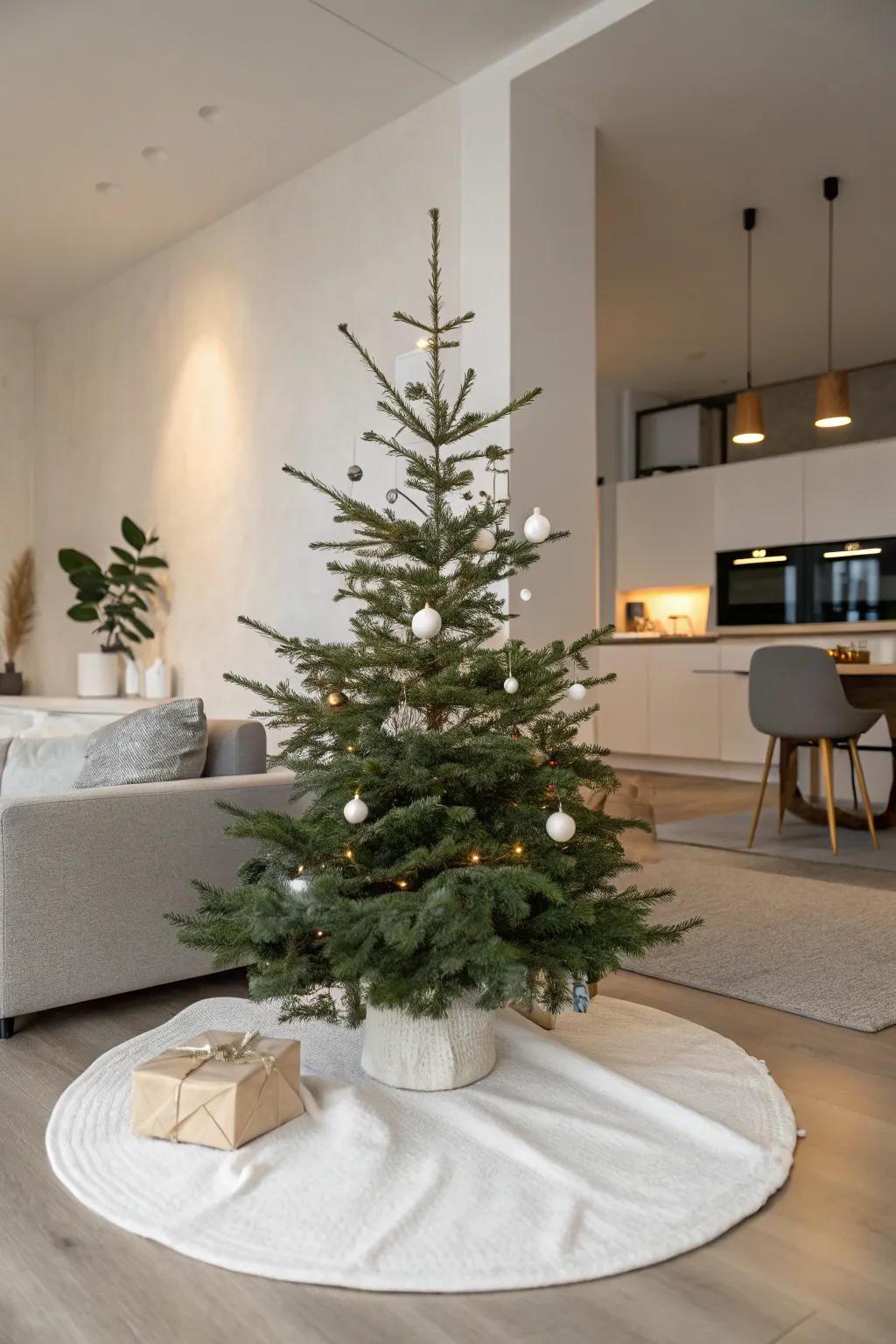 A simple tree skirt complements a contemporary Christmas tree arrangement.