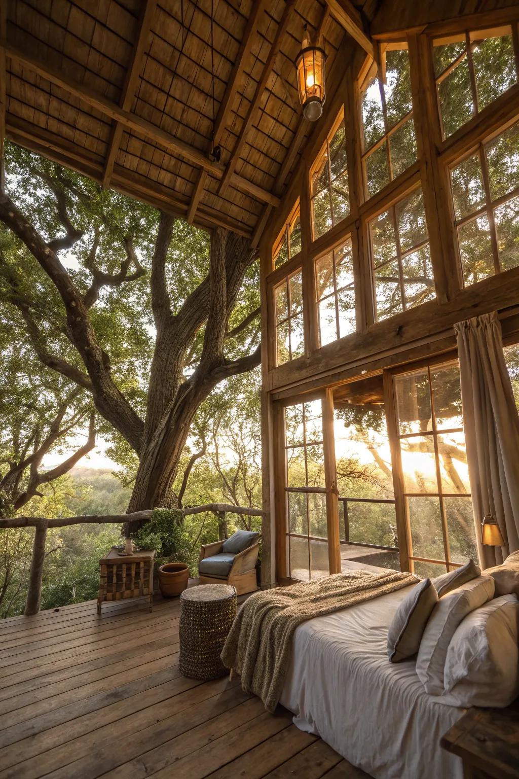 A treehouse filled with natural light, thanks to large windows that connect the inside with the outdoors.